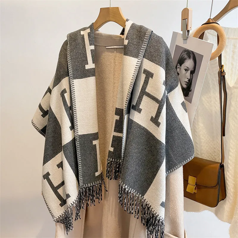 2024 New Faux Cashmere Fringe Warm Double-Sided Cozy Blanket Soft Scarf