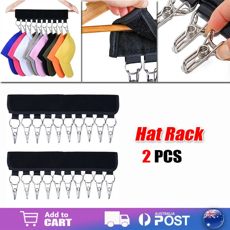 2X 10 Clips Door Cap Rack | Baseball Hat Holder | Closet Hanger Storage Organizer