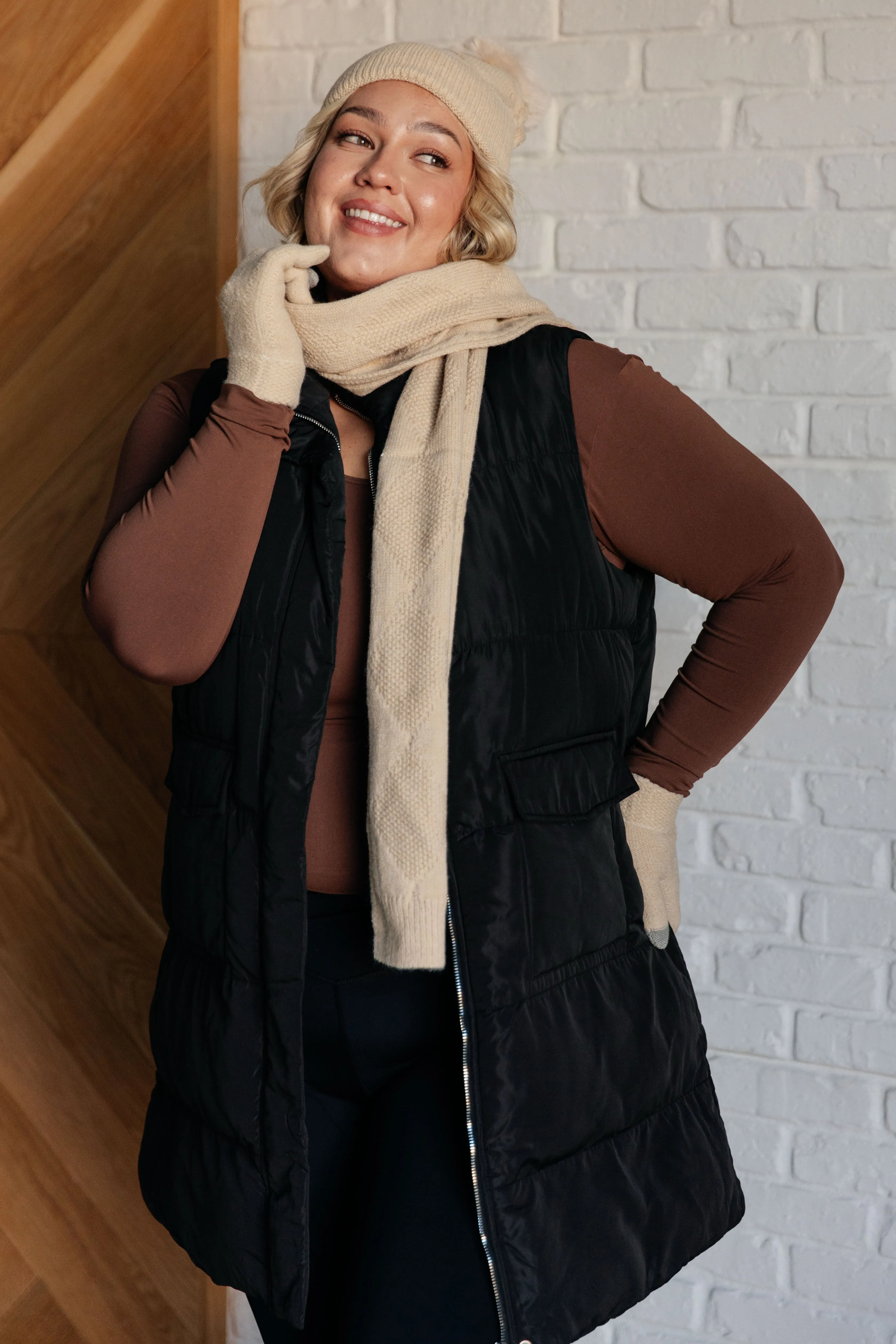 Beanie, Glove, and Scarf Set in Beige