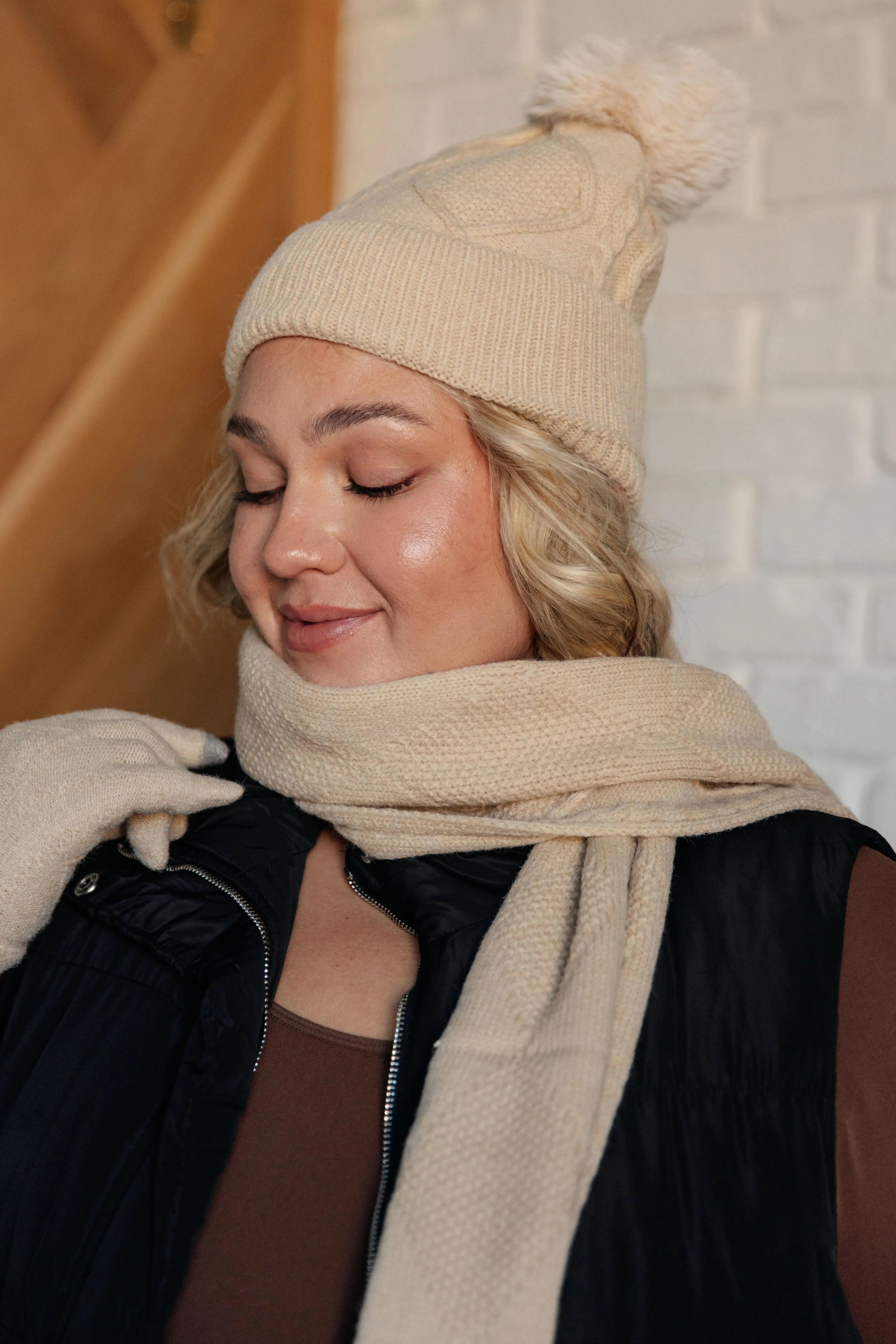 Beanie, Glove, and Scarf Set in Beige