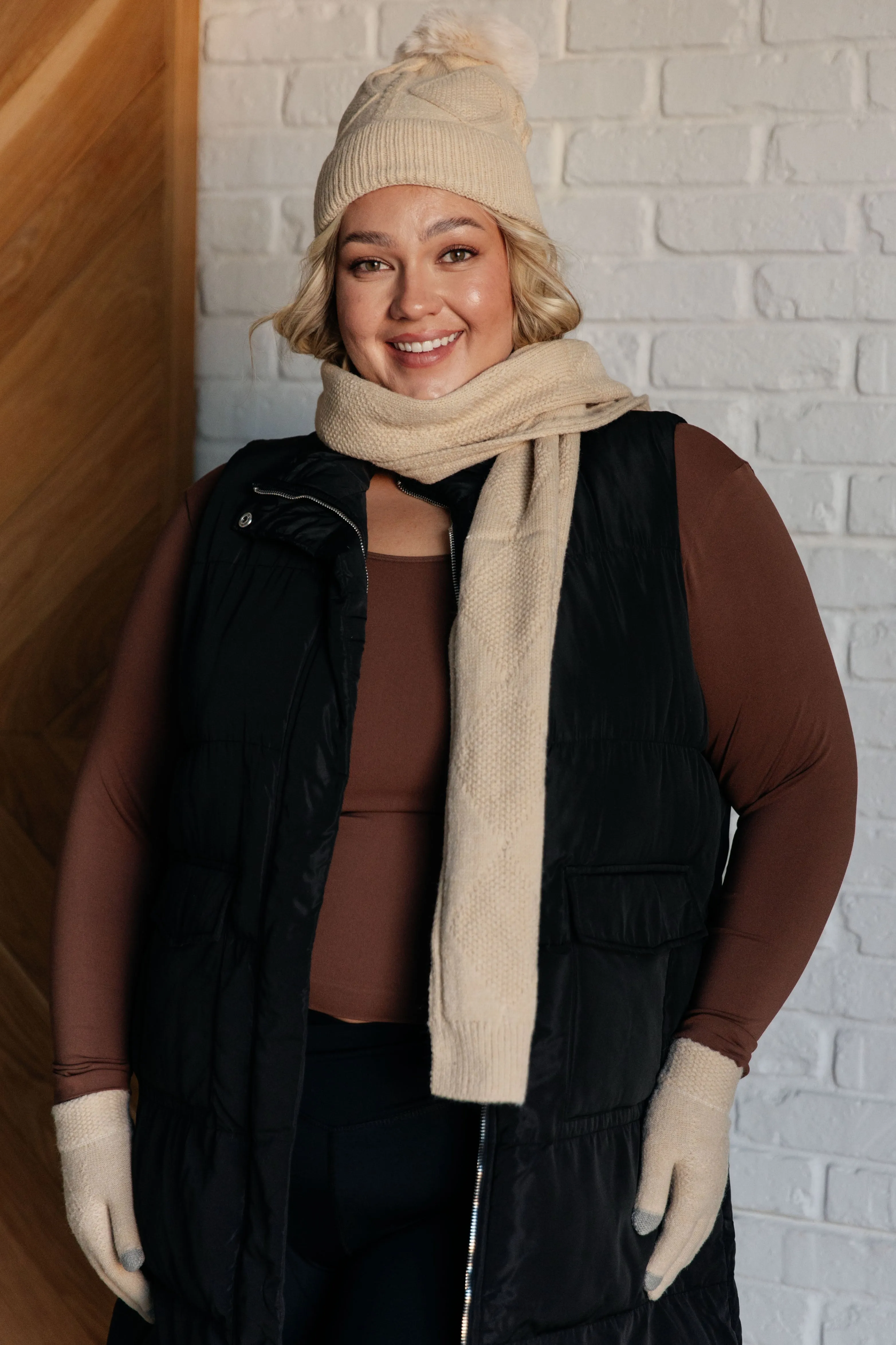 Beanie, Glove, and Scarf Set in Beige