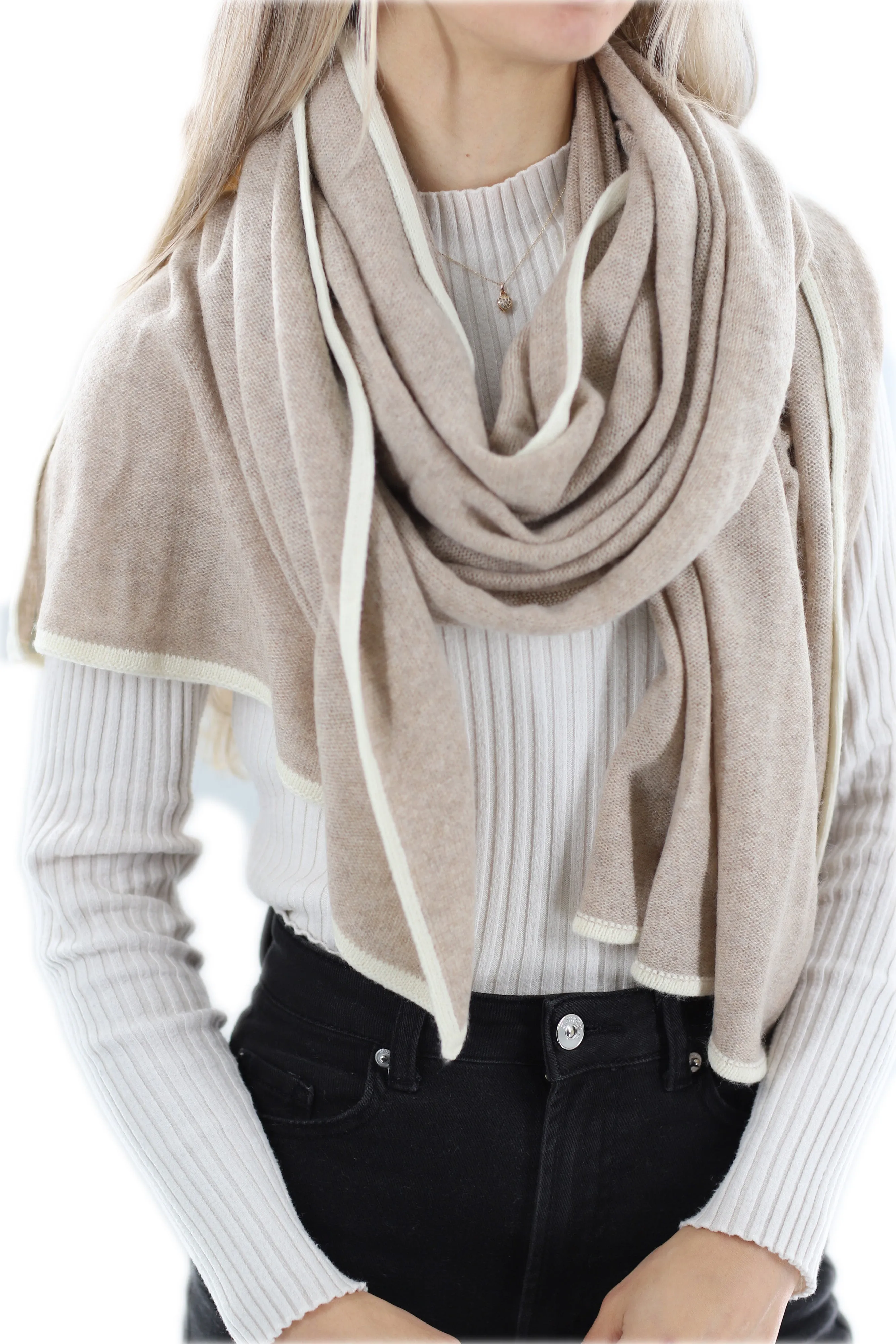 Cashmere Blend Scarf with Color Block Border  - Camel/White