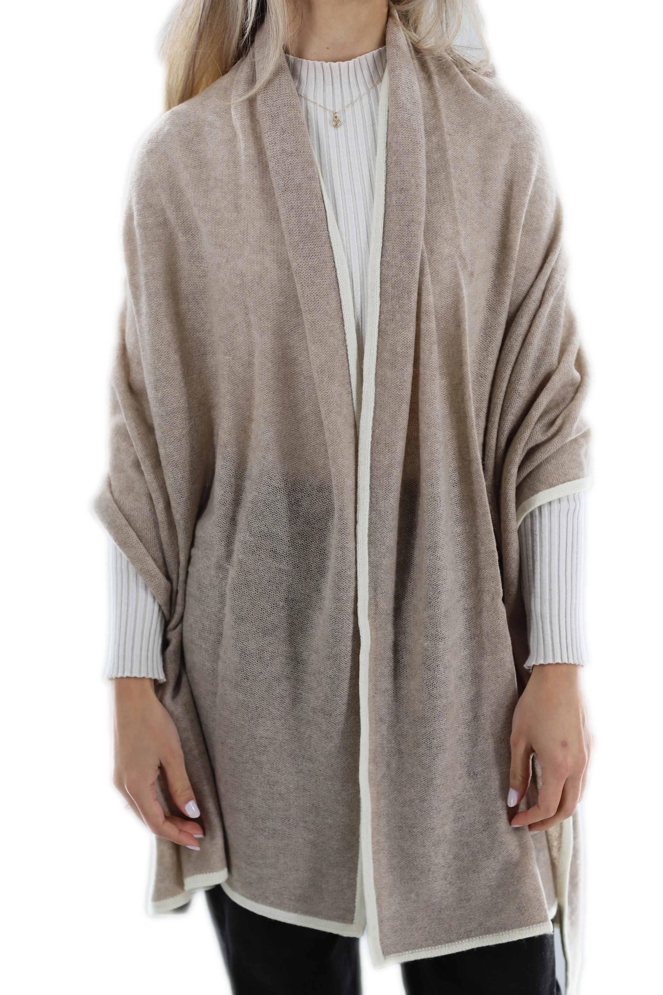 Cashmere Blend Scarf with Color Block Border  - Camel/White