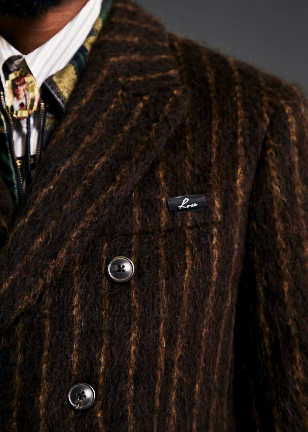 DOUBLE BREASTED SHORT COAT in BROWN-GOLD STRIPE