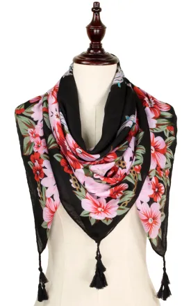 EAS9318 Flower Print Square Scarf with Tassel