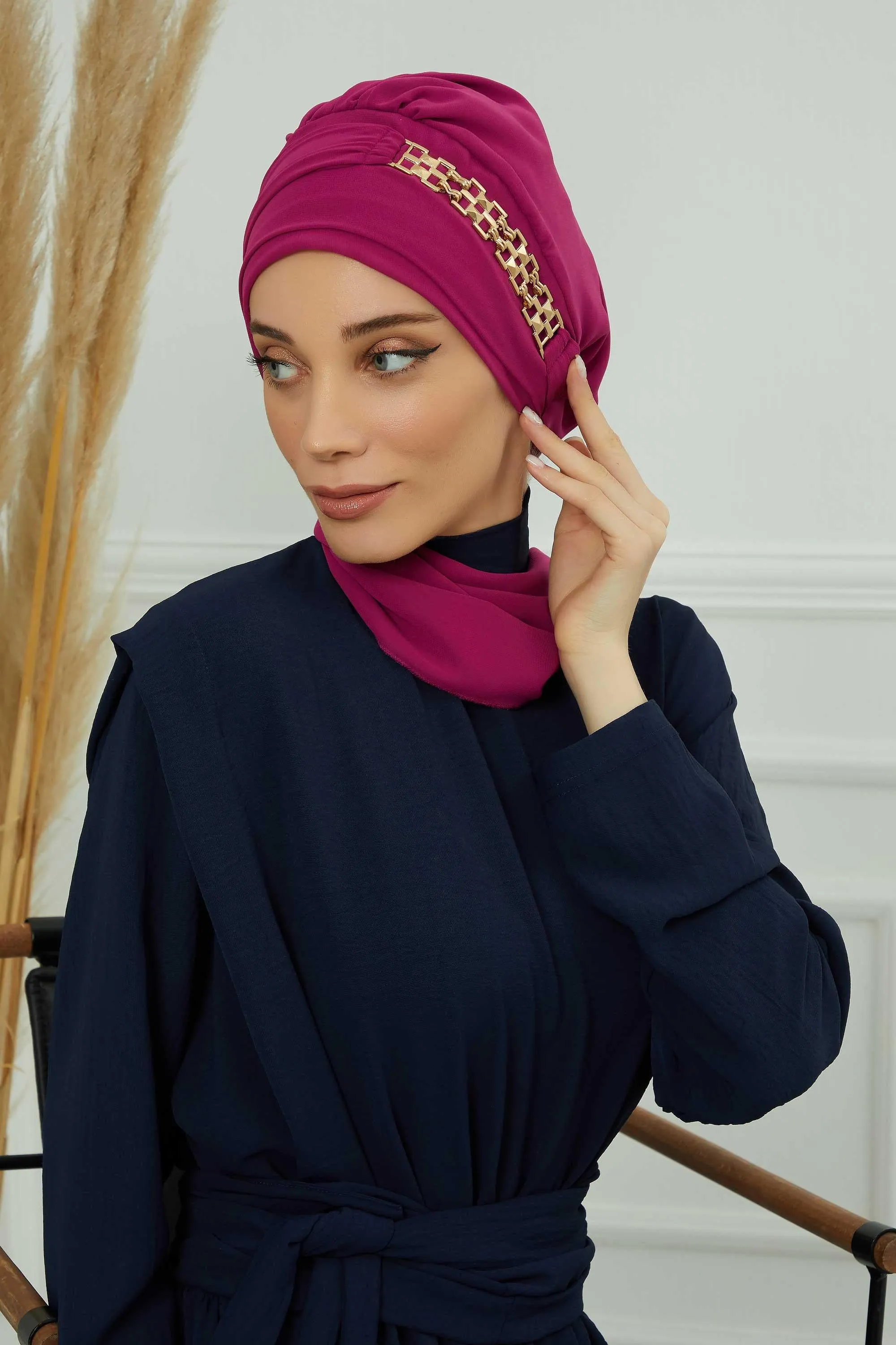Stylish Instant Turban with Elegant Gold Chain Detail made from High Quality Chiffon Fabric, Breathable Headscarf Turban For Women,HT-28