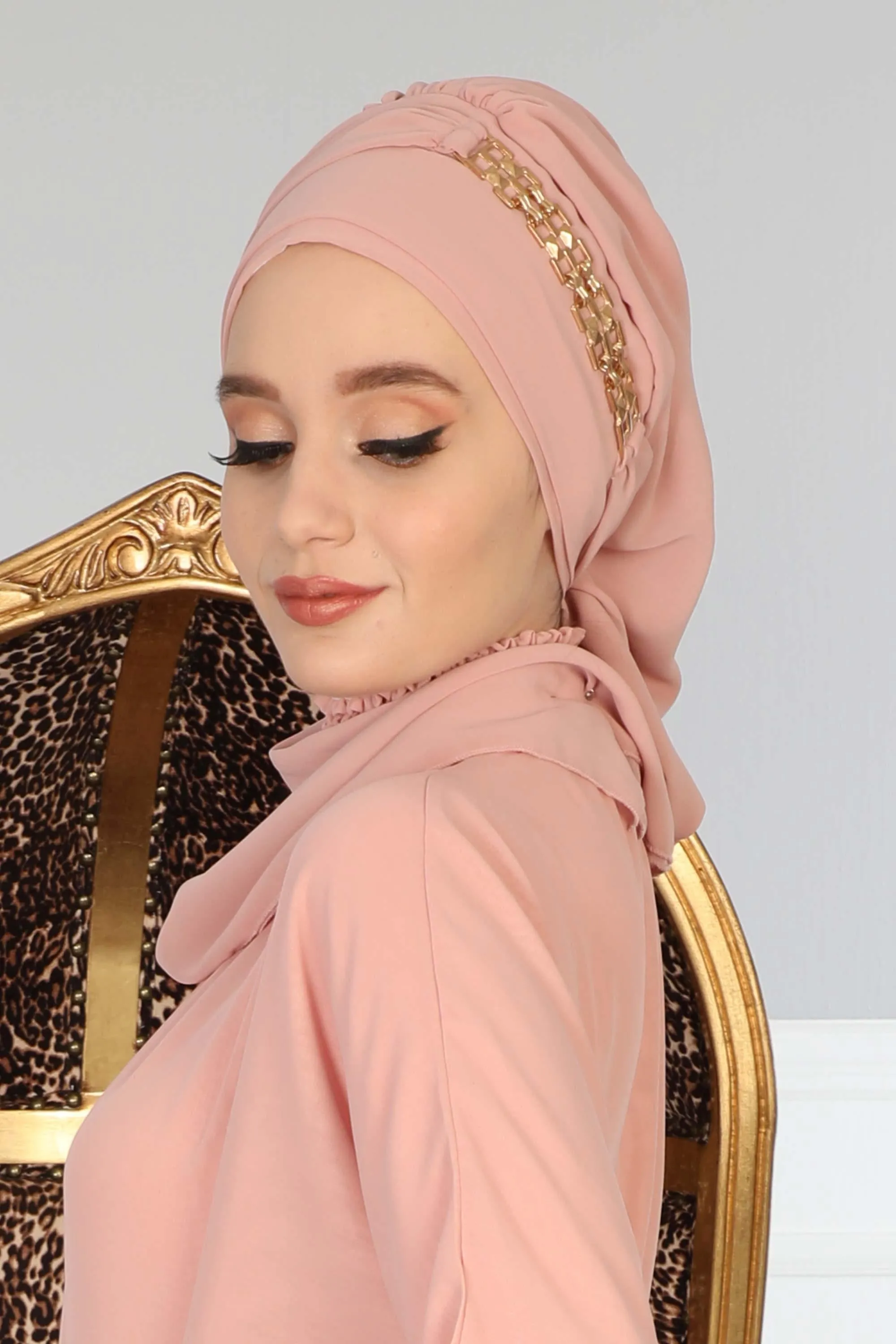 Stylish Instant Turban with Elegant Gold Chain Detail made from High Quality Chiffon Fabric, Breathable Headscarf Turban For Women,HT-28