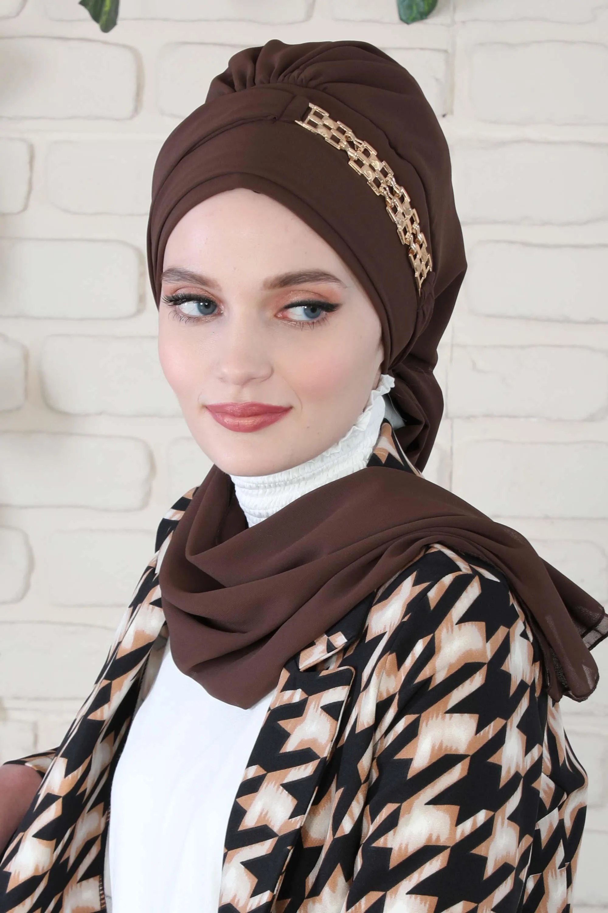 Stylish Instant Turban with Elegant Gold Chain Detail made from High Quality Chiffon Fabric, Breathable Headscarf Turban For Women,HT-28