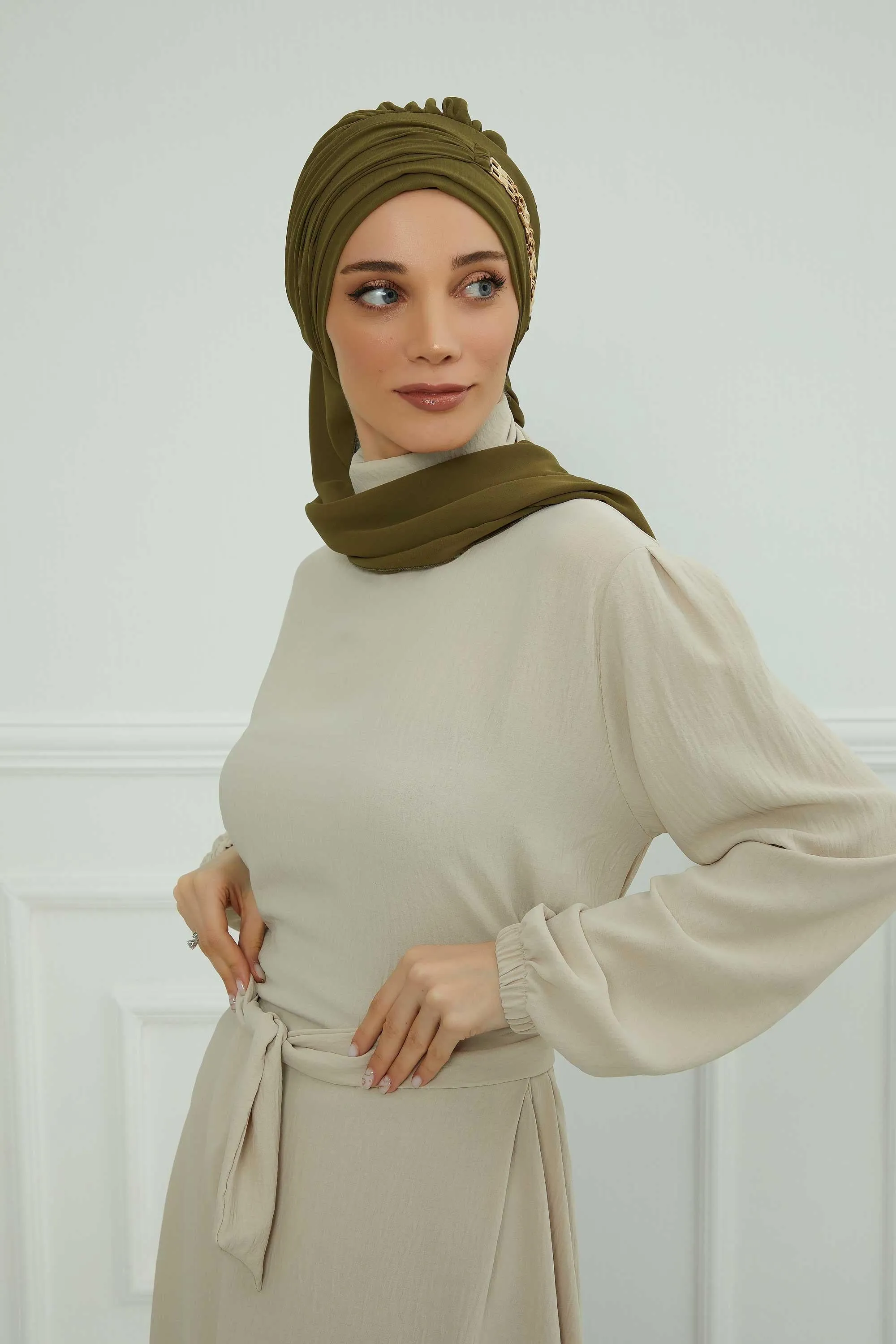 Stylish Instant Turban with Elegant Gold Chain Detail made from High Quality Chiffon Fabric, Breathable Headscarf Turban For Women,HT-28