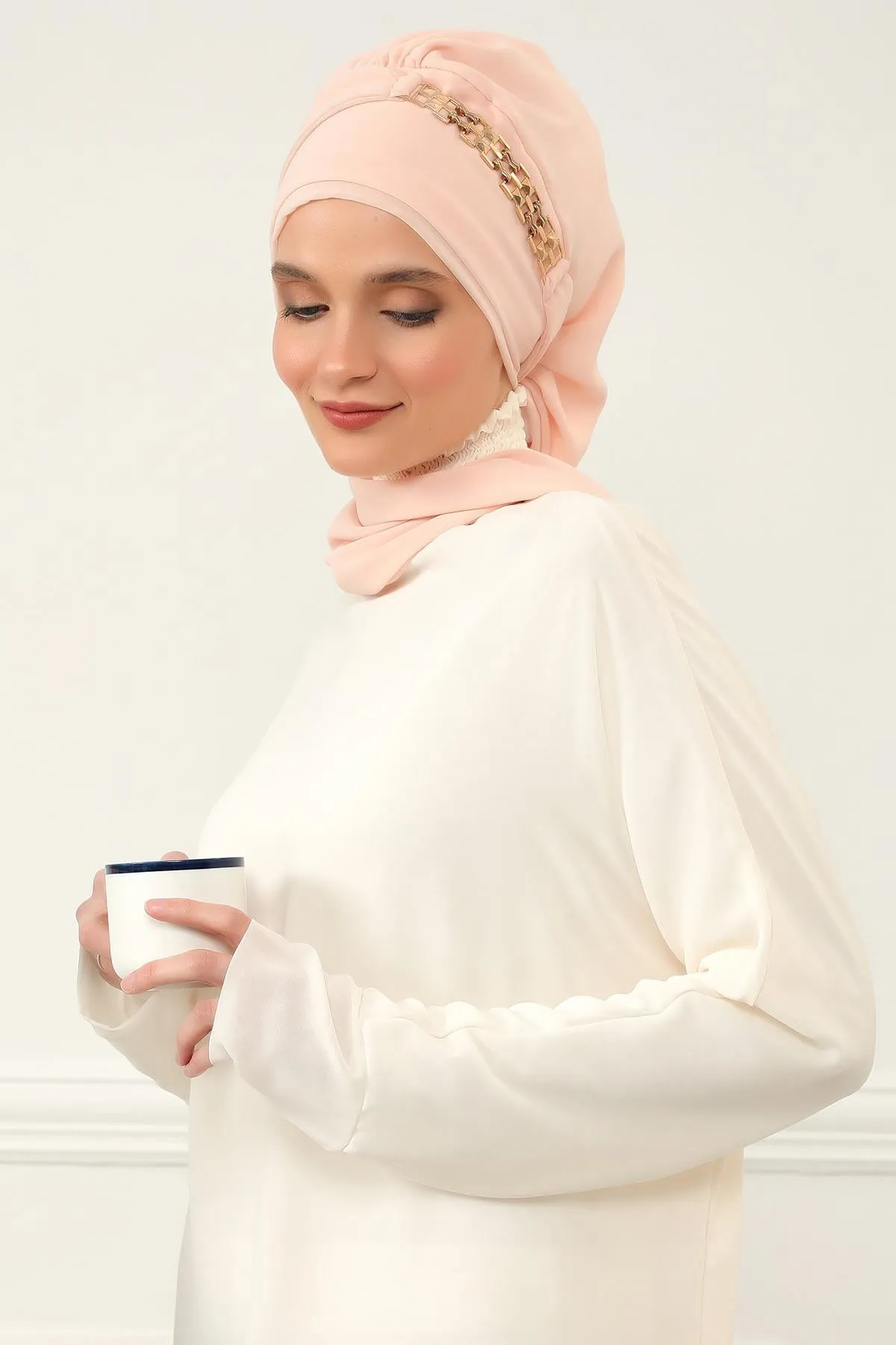 Stylish Instant Turban with Elegant Gold Chain Detail made from High Quality Chiffon Fabric, Breathable Headscarf Turban For Women,HT-28