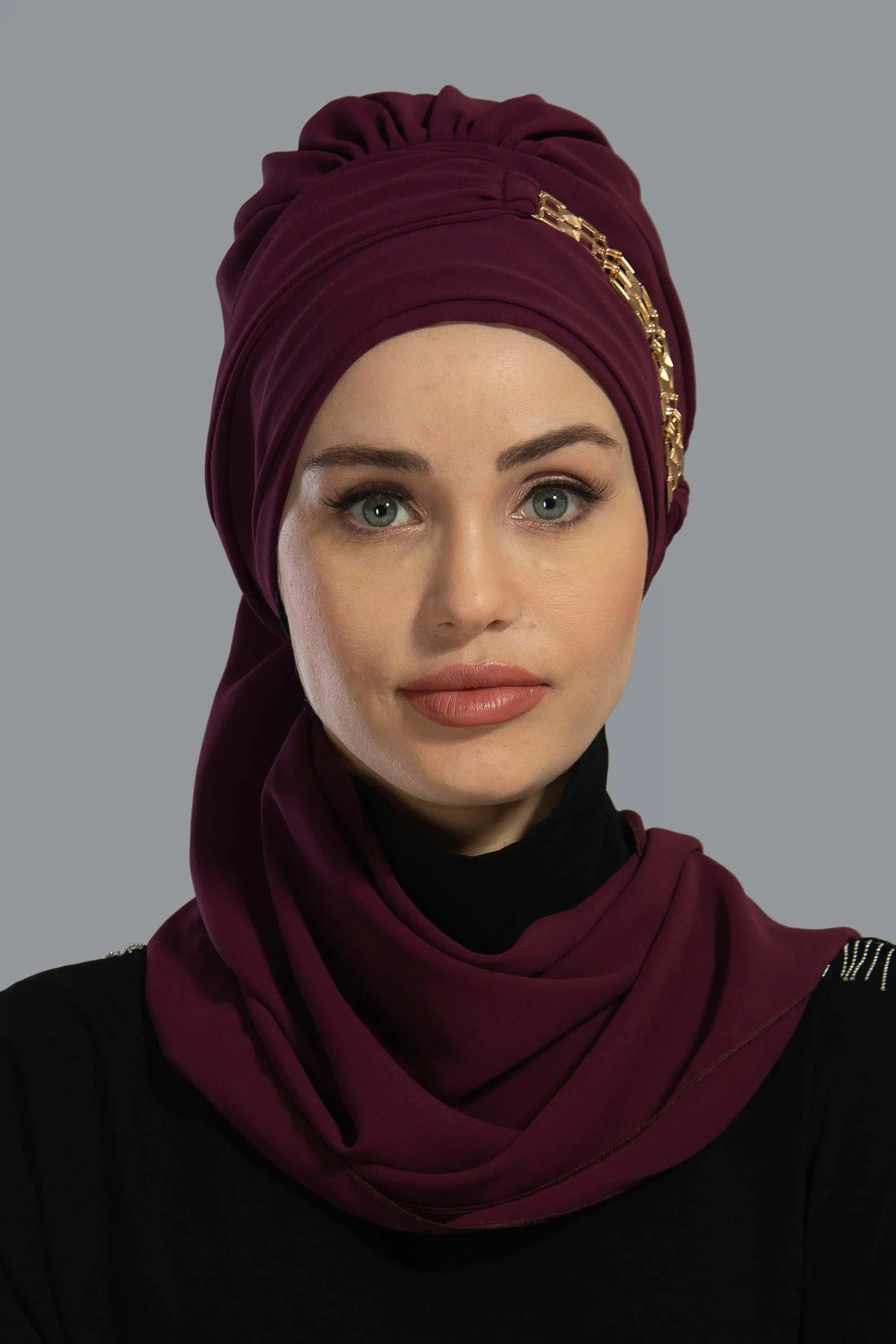 Stylish Instant Turban with Elegant Gold Chain Detail made from High Quality Chiffon Fabric, Breathable Headscarf Turban For Women,HT-28