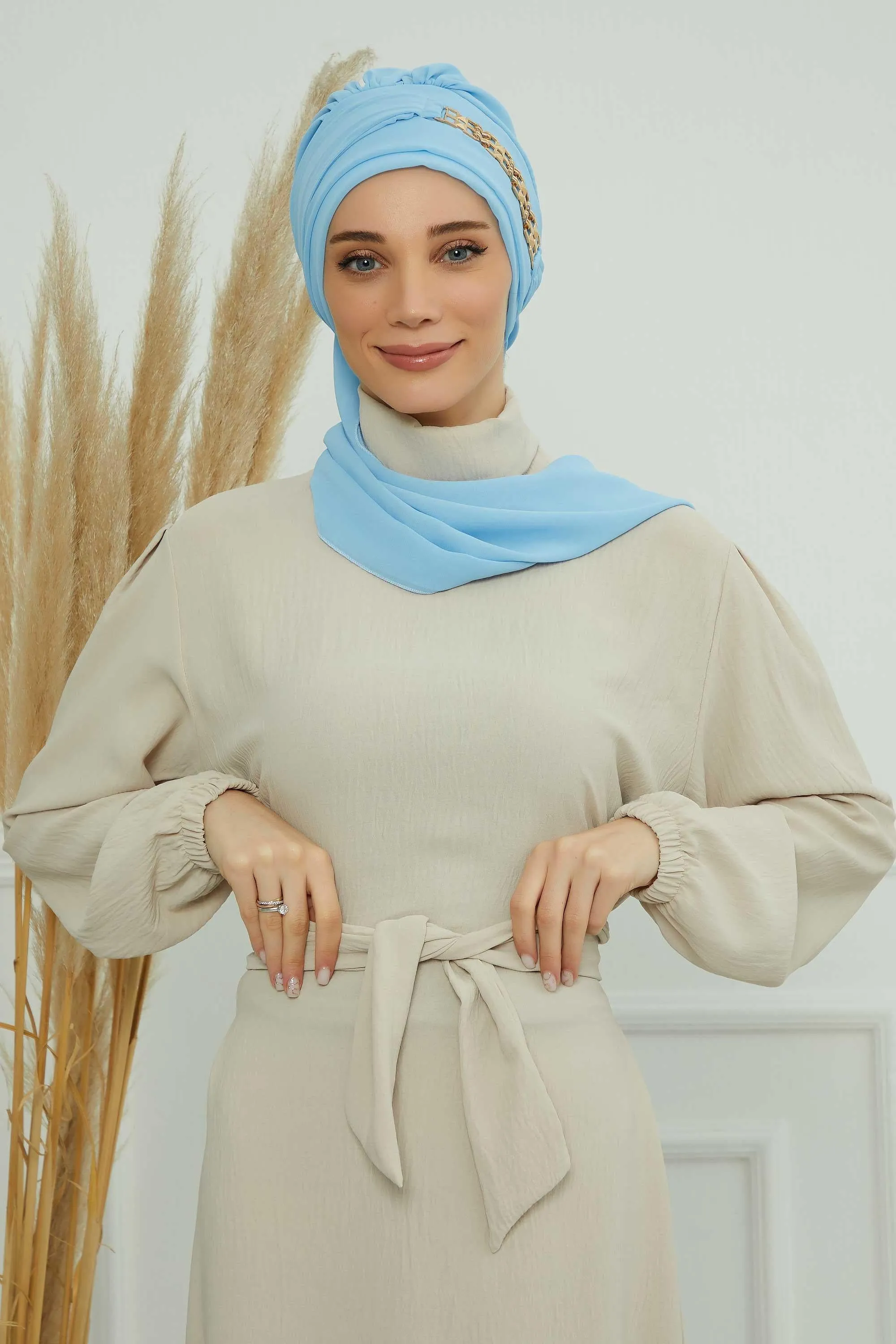 Stylish Instant Turban with Elegant Gold Chain Detail made from High Quality Chiffon Fabric, Breathable Headscarf Turban For Women,HT-28