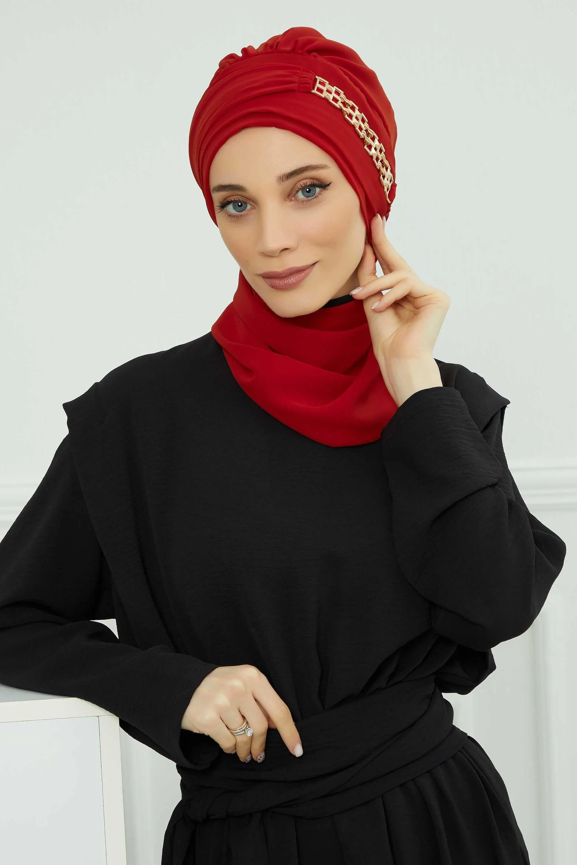 Stylish Instant Turban with Elegant Gold Chain Detail made from High Quality Chiffon Fabric, Breathable Headscarf Turban For Women,HT-28