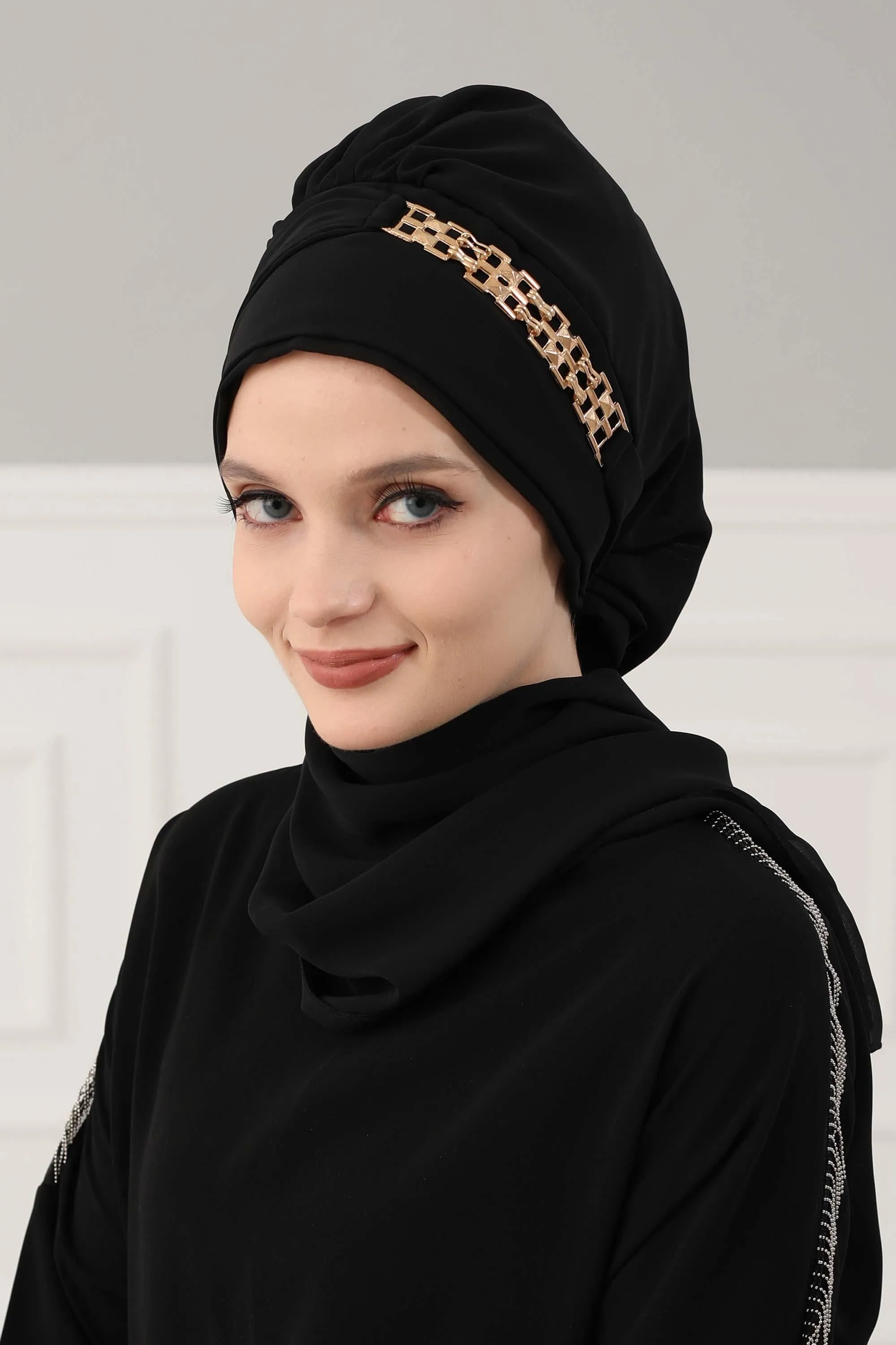 Stylish Instant Turban with Elegant Gold Chain Detail made from High Quality Chiffon Fabric, Breathable Headscarf Turban For Women,HT-28