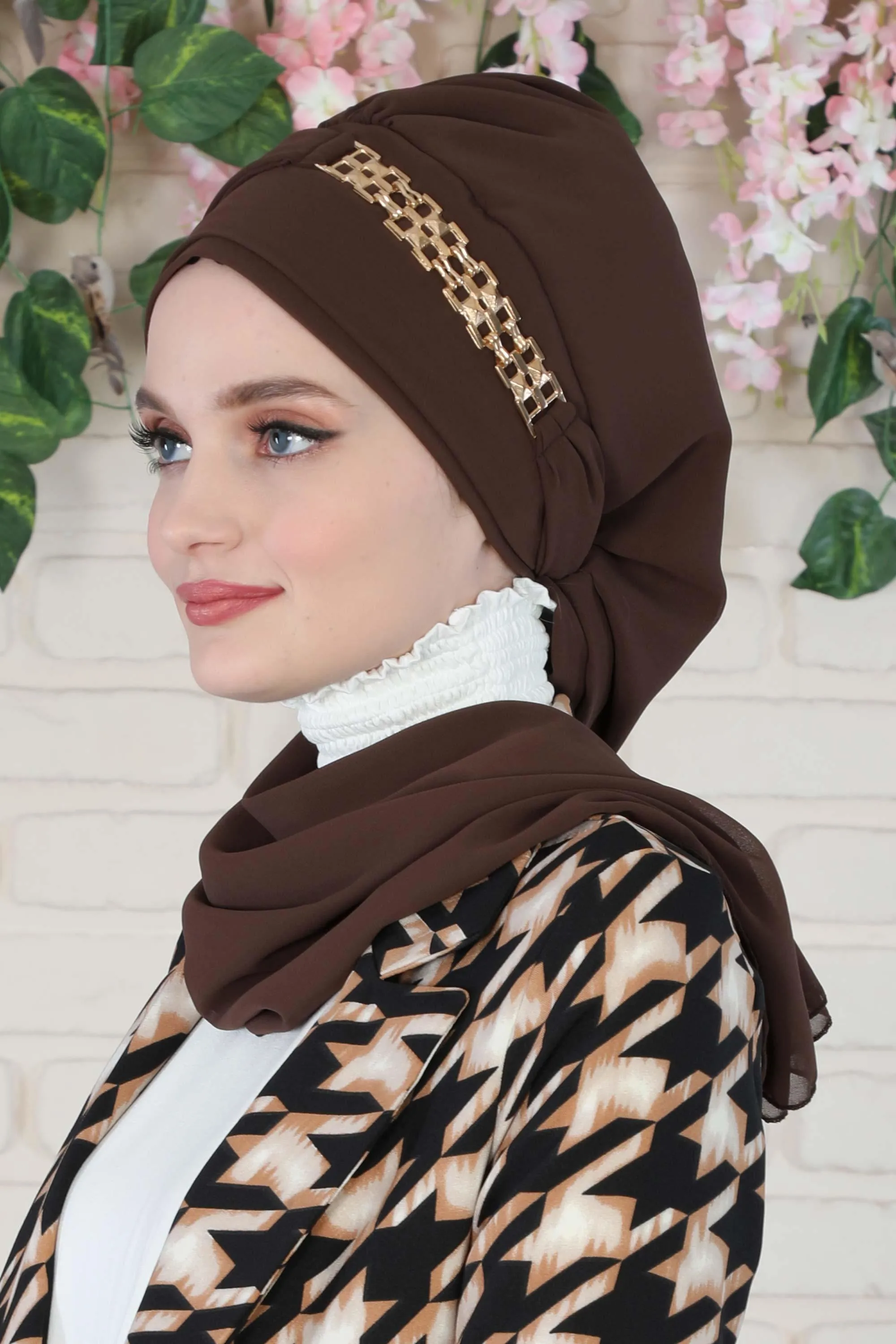 Stylish Instant Turban with Elegant Gold Chain Detail made from High Quality Chiffon Fabric, Breathable Headscarf Turban For Women,HT-28