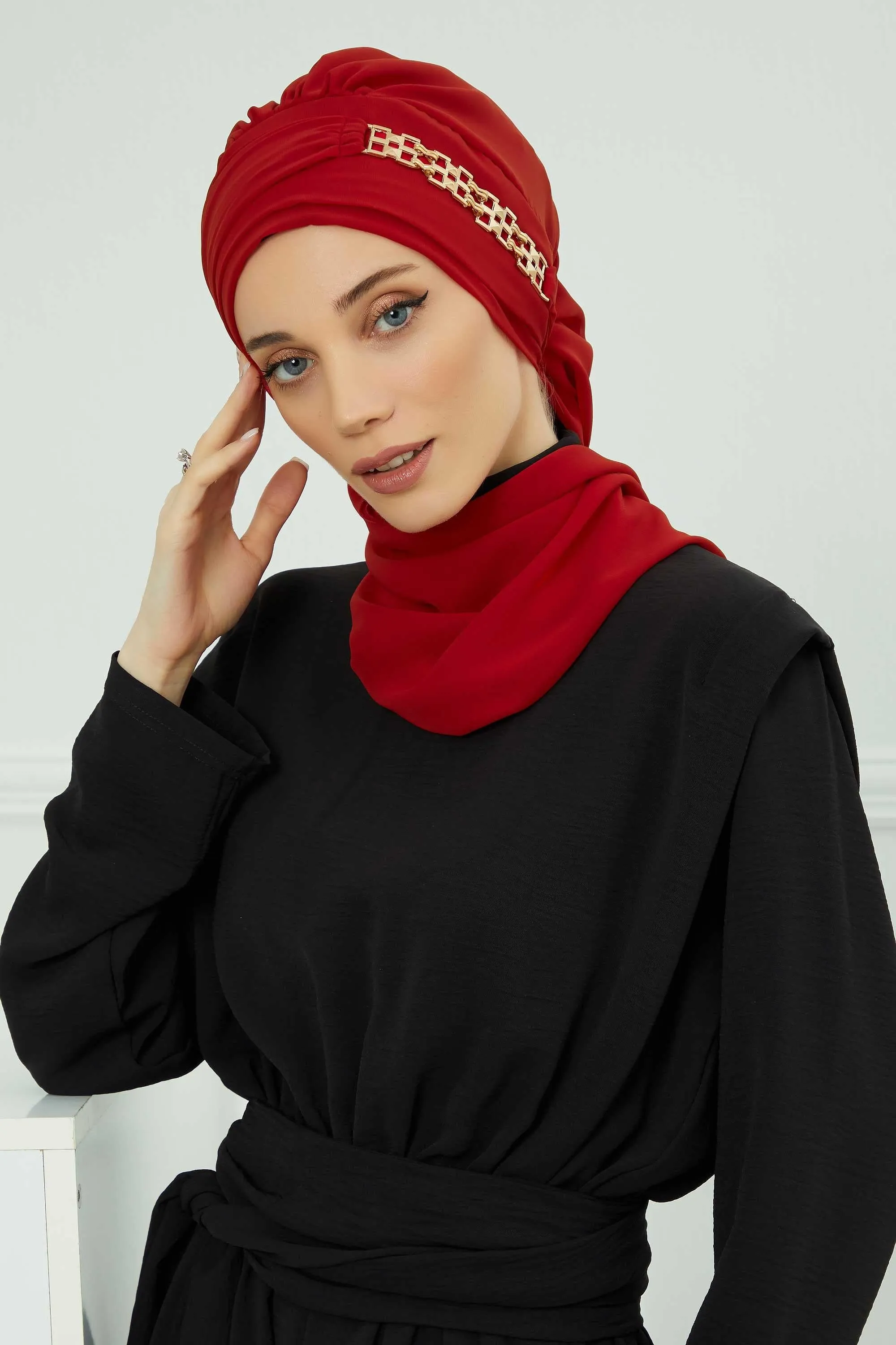 Stylish Instant Turban with Elegant Gold Chain Detail made from High Quality Chiffon Fabric, Breathable Headscarf Turban For Women,HT-28