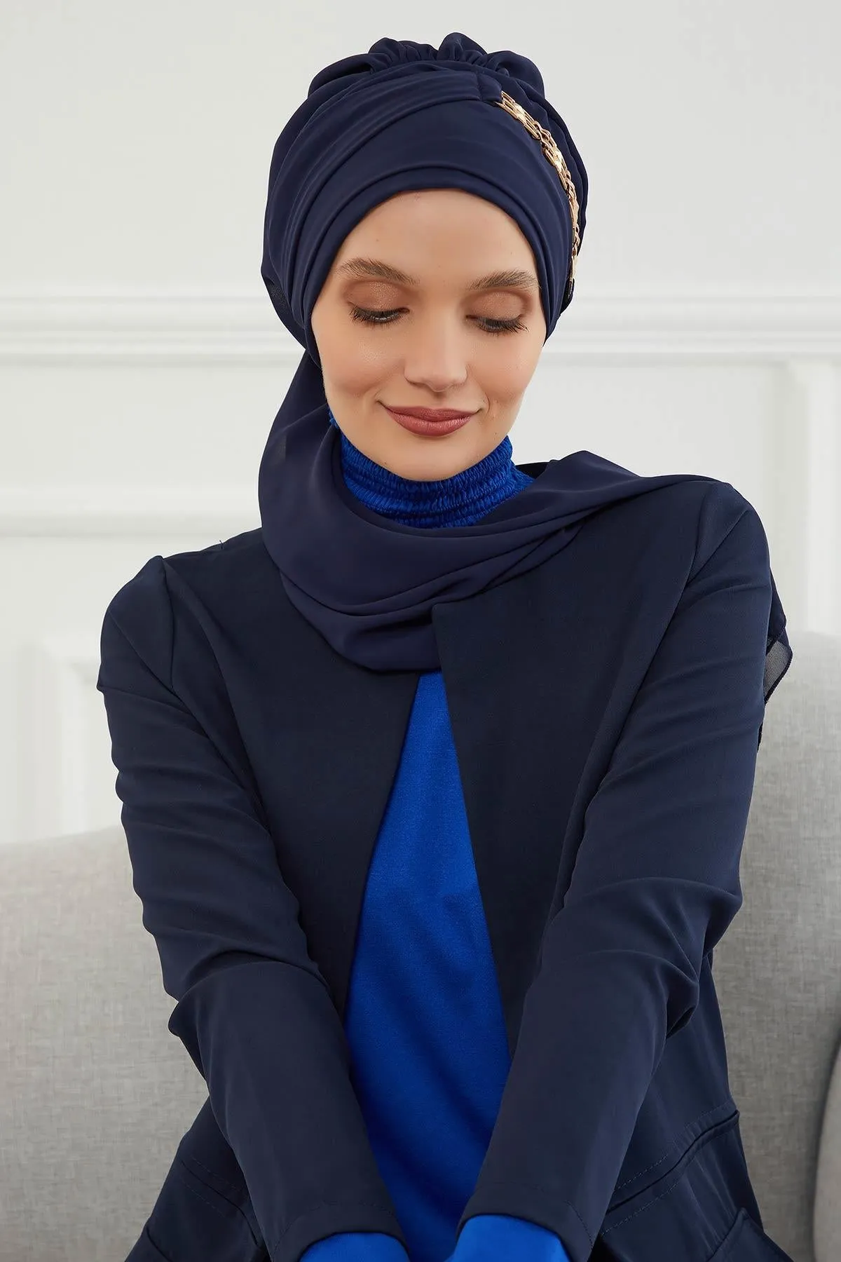 Stylish Instant Turban with Elegant Gold Chain Detail made from High Quality Chiffon Fabric, Breathable Headscarf Turban For Women,HT-28