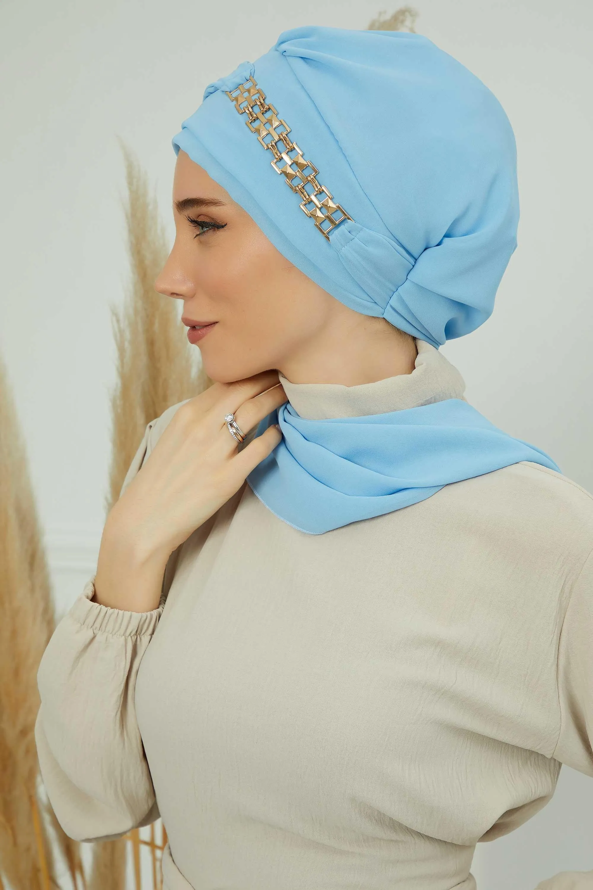 Stylish Instant Turban with Elegant Gold Chain Detail made from High Quality Chiffon Fabric, Breathable Headscarf Turban For Women,HT-28