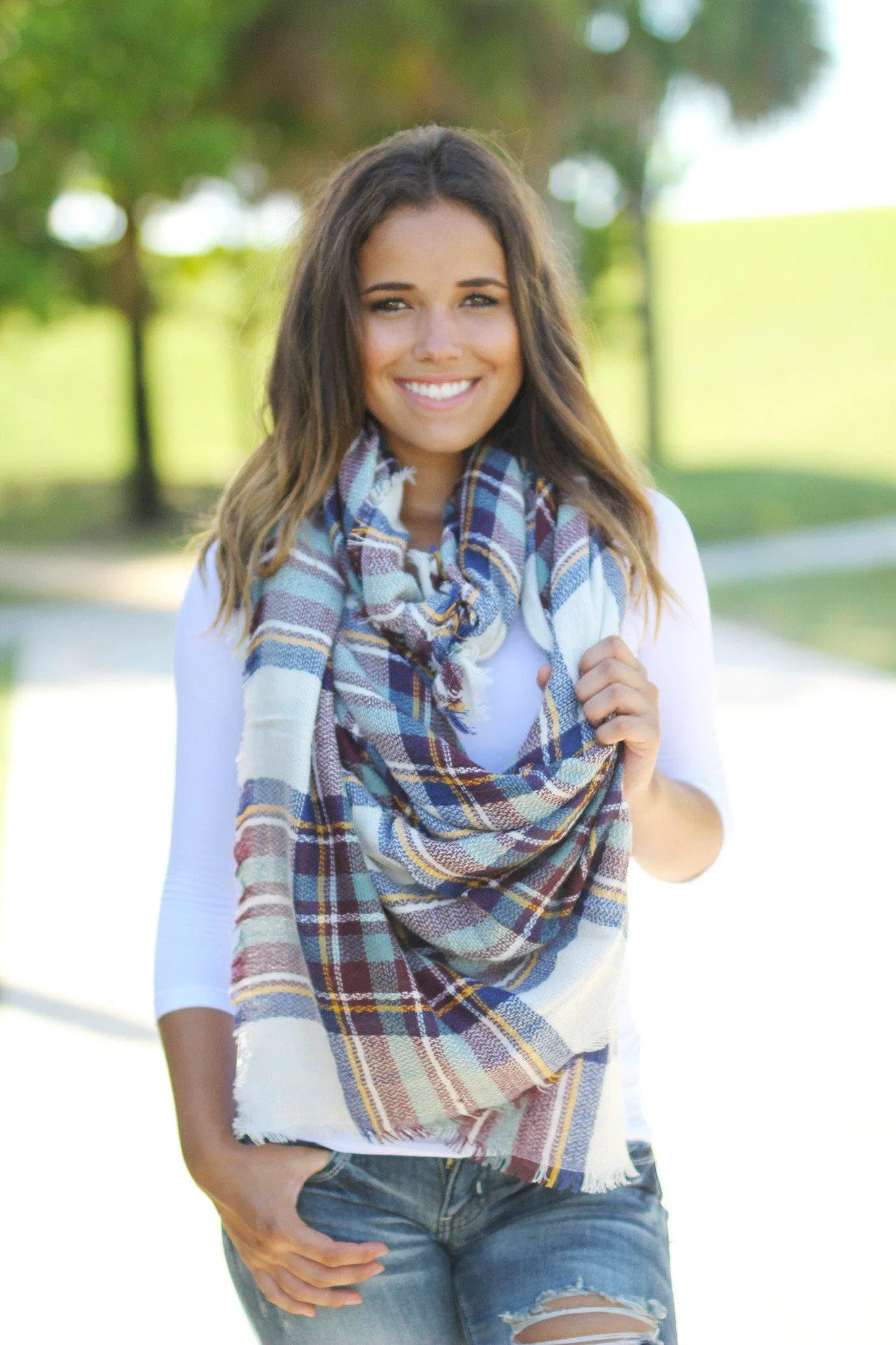 Teal Plaid Frayed Blanket Scarf