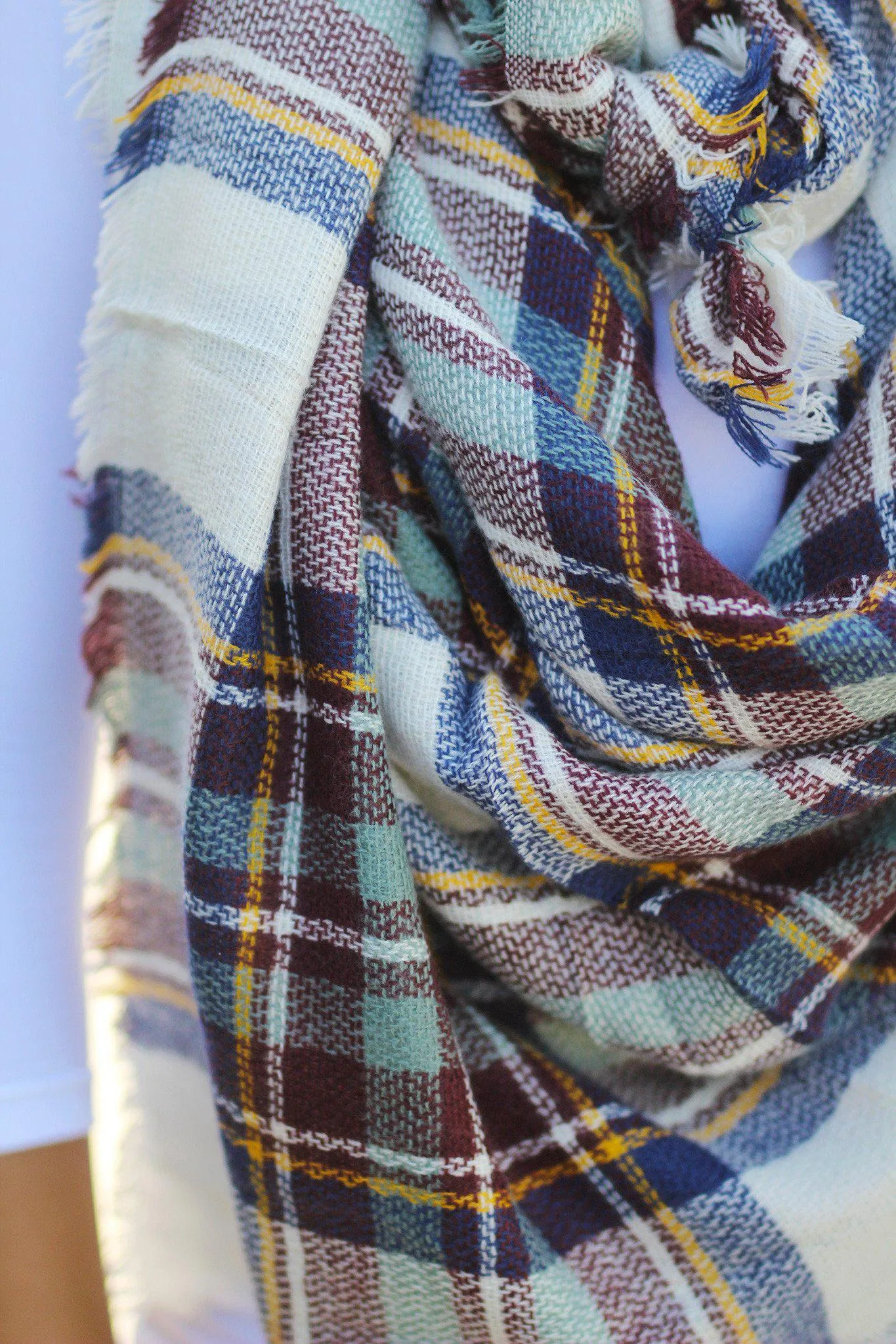 Teal Plaid Frayed Blanket Scarf