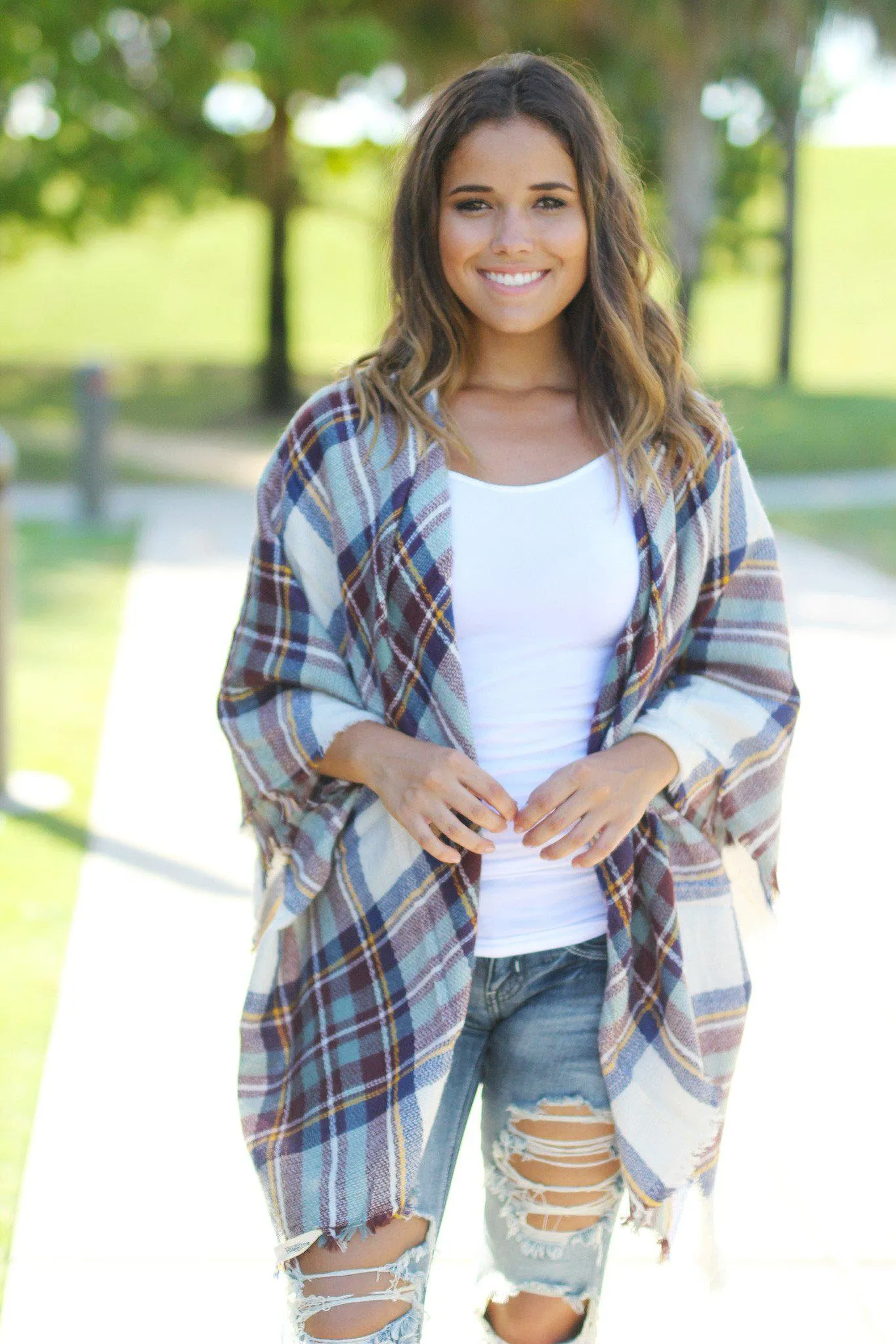 Teal Plaid Frayed Blanket Scarf