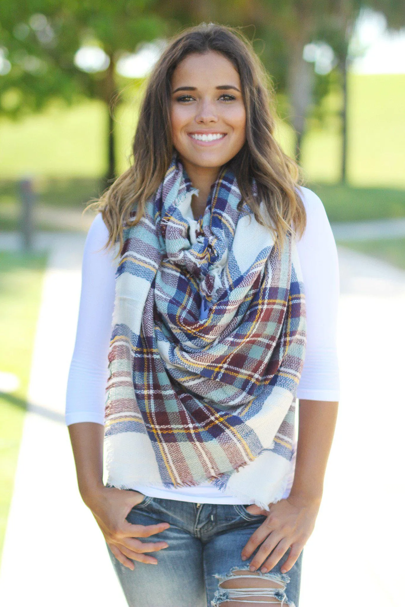 Teal Plaid Frayed Blanket Scarf