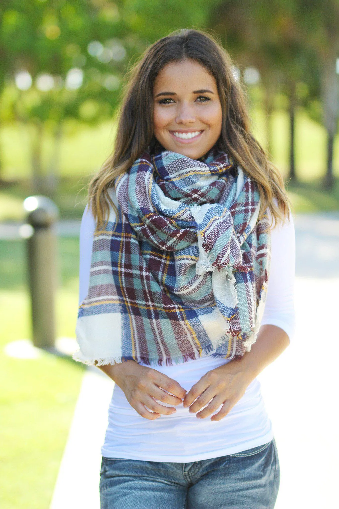 Teal Plaid Frayed Blanket Scarf