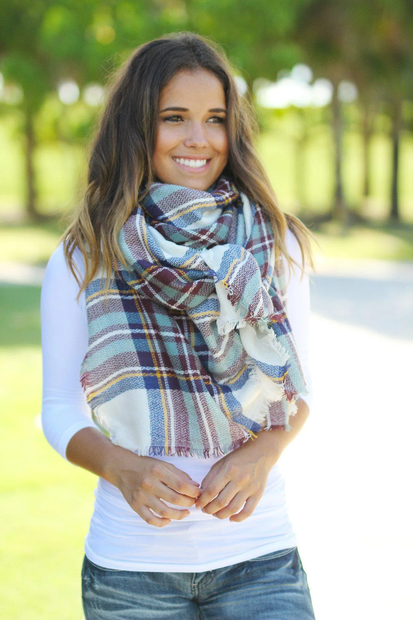 Teal Plaid Frayed Blanket Scarf