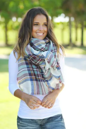 Teal Plaid Frayed Blanket Scarf