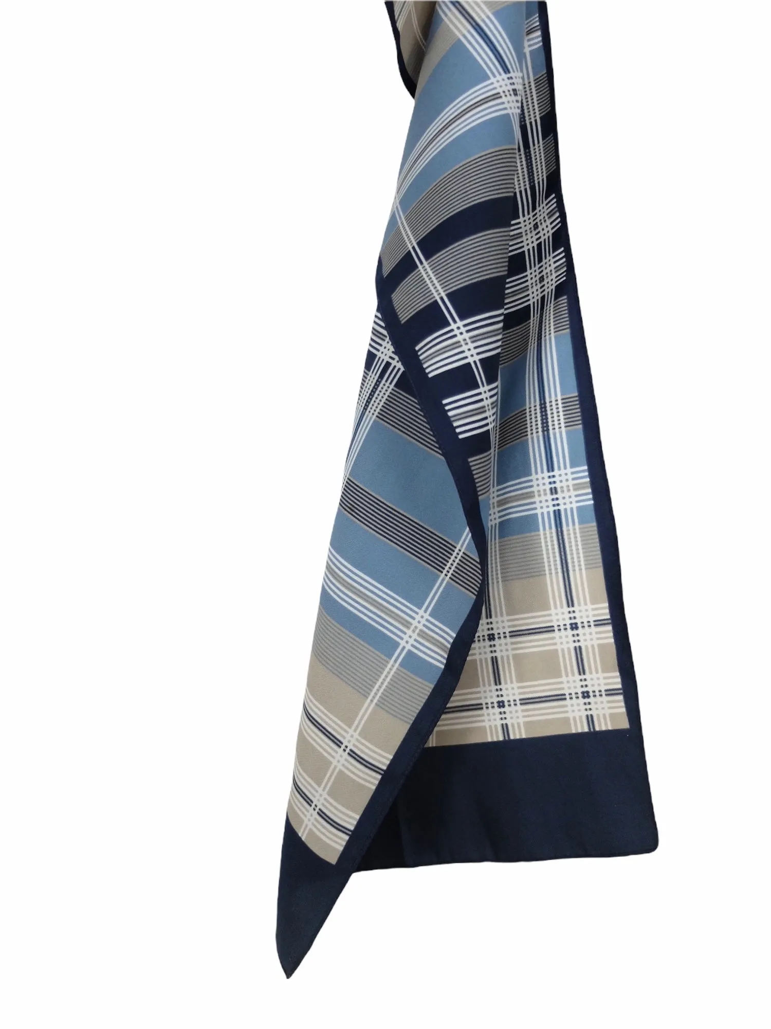 Vintage 70s Mod Preppy Blue & Beige Plaid Check Print Long Wide Polyester Neck Tie Scarf