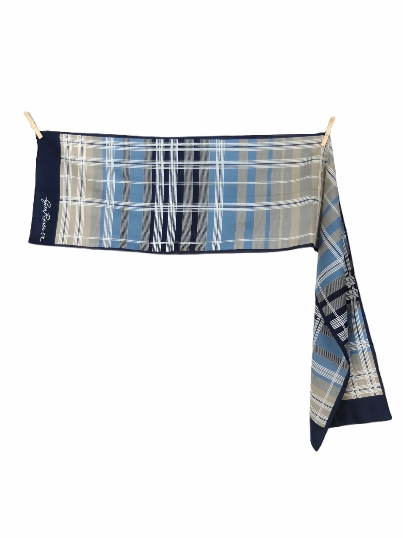Vintage 70s Mod Preppy Blue & Beige Plaid Check Print Long Wide Polyester Neck Tie Scarf