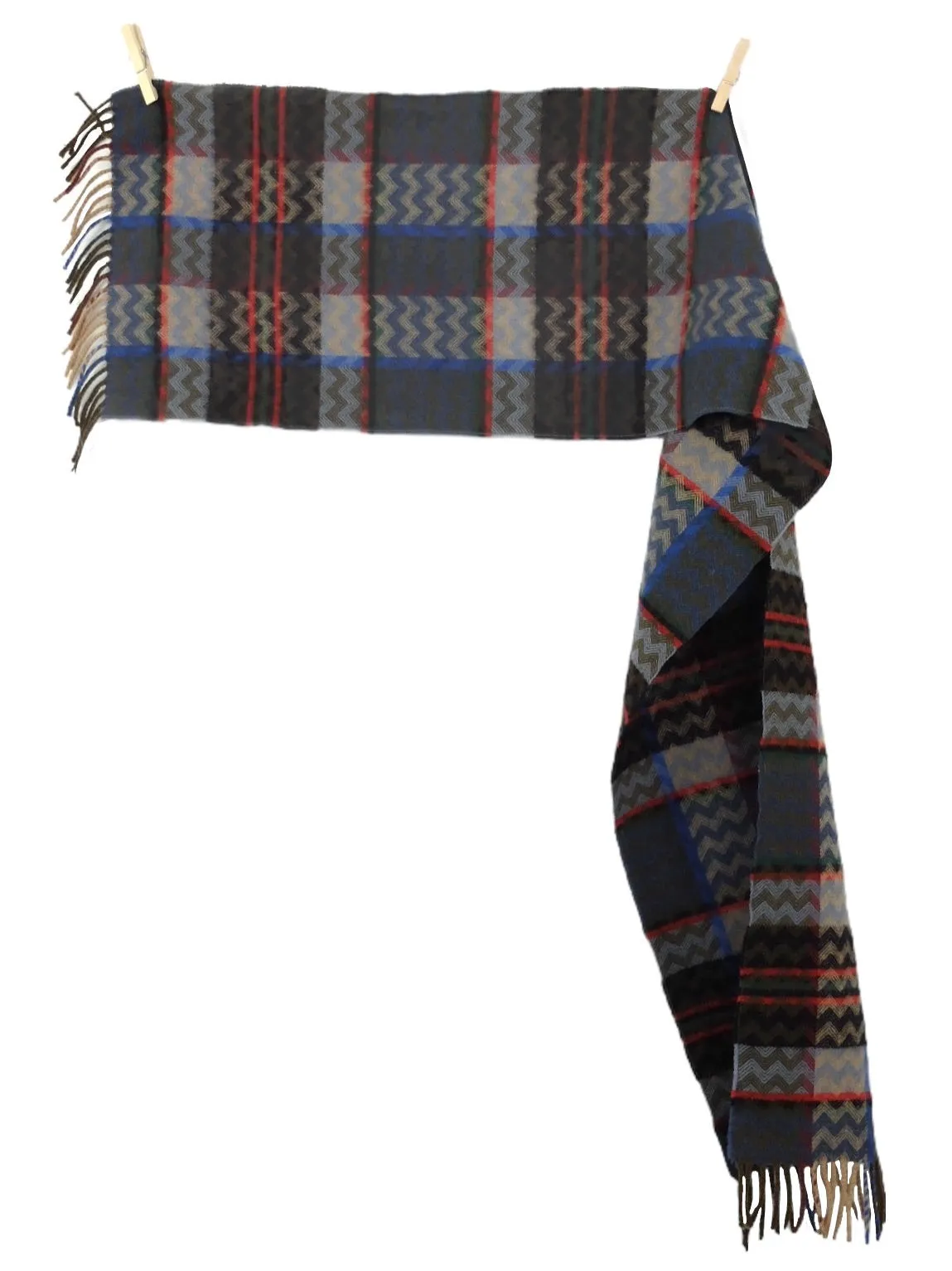 Vintage 70s Wool Abstract Plaid Check & Zig Zag Patterned Long Wrap Winter Scarf