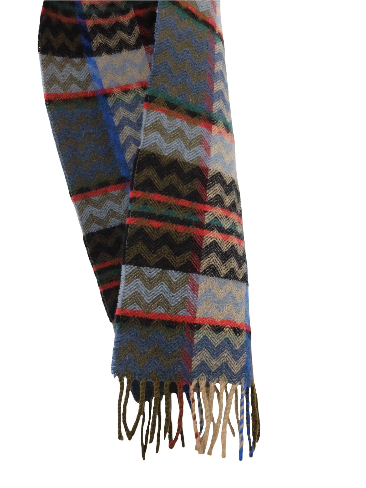 Vintage 70s Wool Abstract Plaid Check & Zig Zag Patterned Long Wrap Winter Scarf