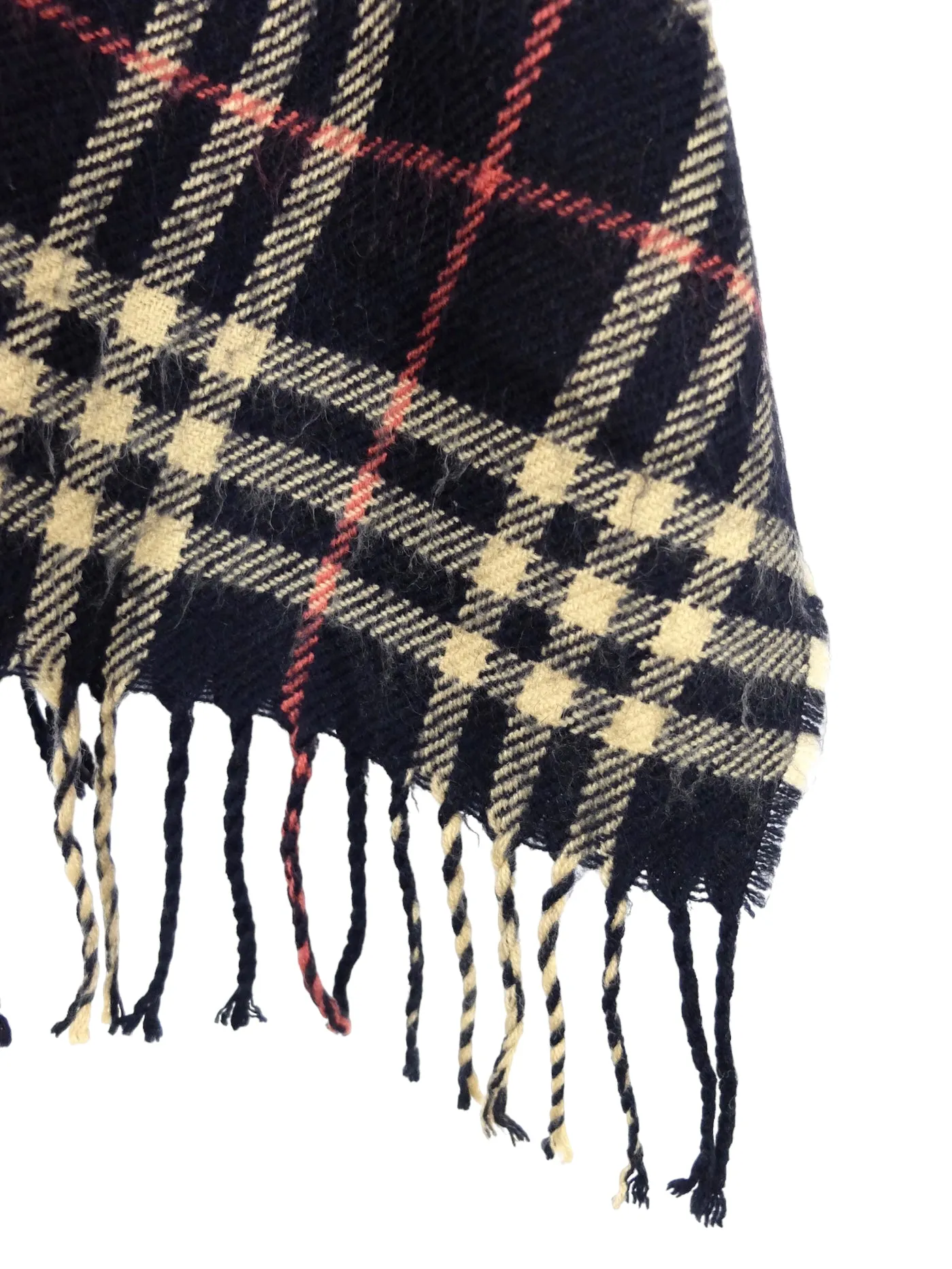 Vintage 90s Wool Blend Preppy Academia Chic Black Red & Cream Tartan Plaid Check Print Fringed Long Wide Shawl Wrap Winter Scarf