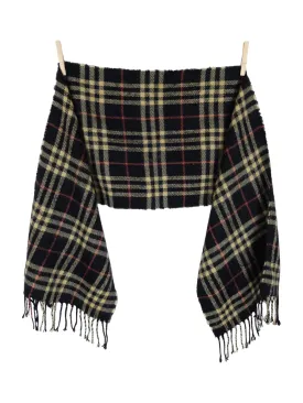 Vintage 90s Wool Blend Preppy Academia Chic Black Red & Cream Tartan Plaid Check Print Fringed Long Wide Shawl Wrap Winter Scarf