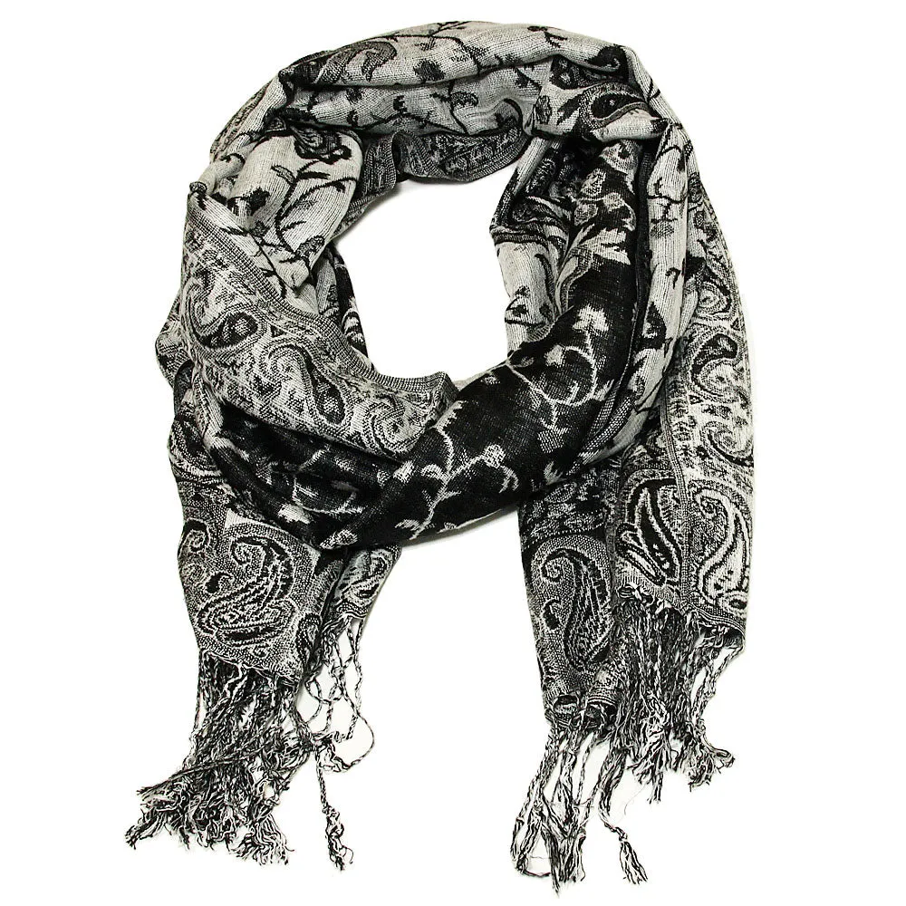 Women's Paisley Pashmina Scarf - Black Grey White