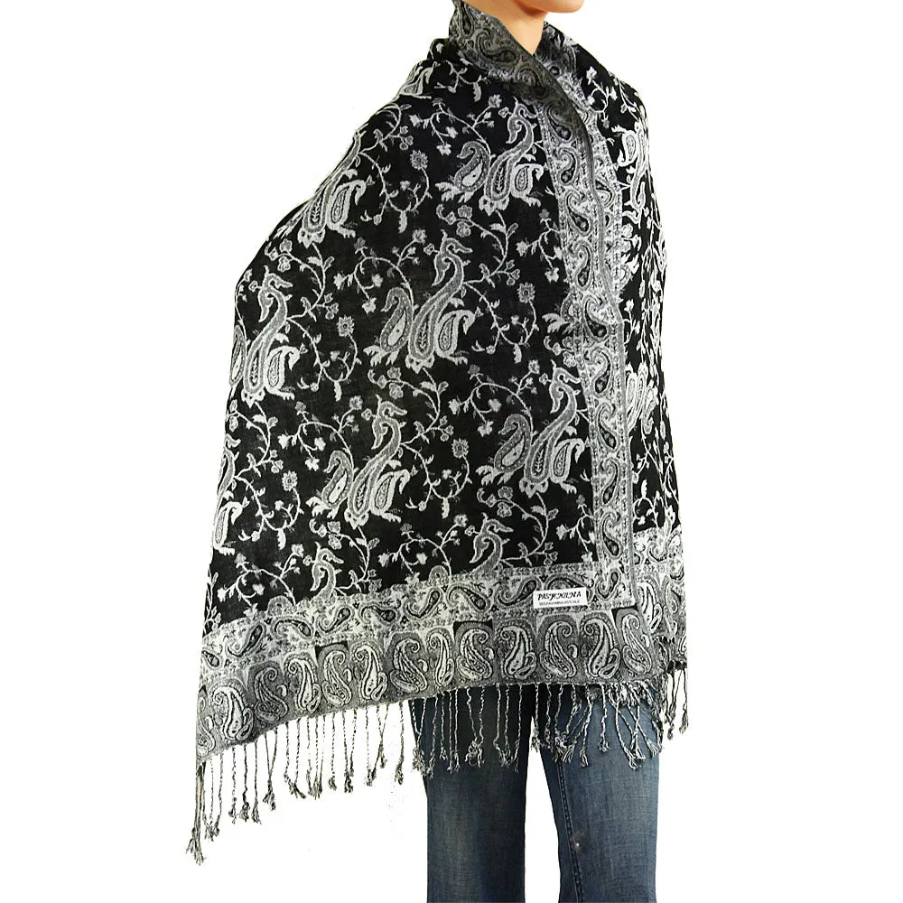 Women's Paisley Pashmina Scarf - Black Grey White
